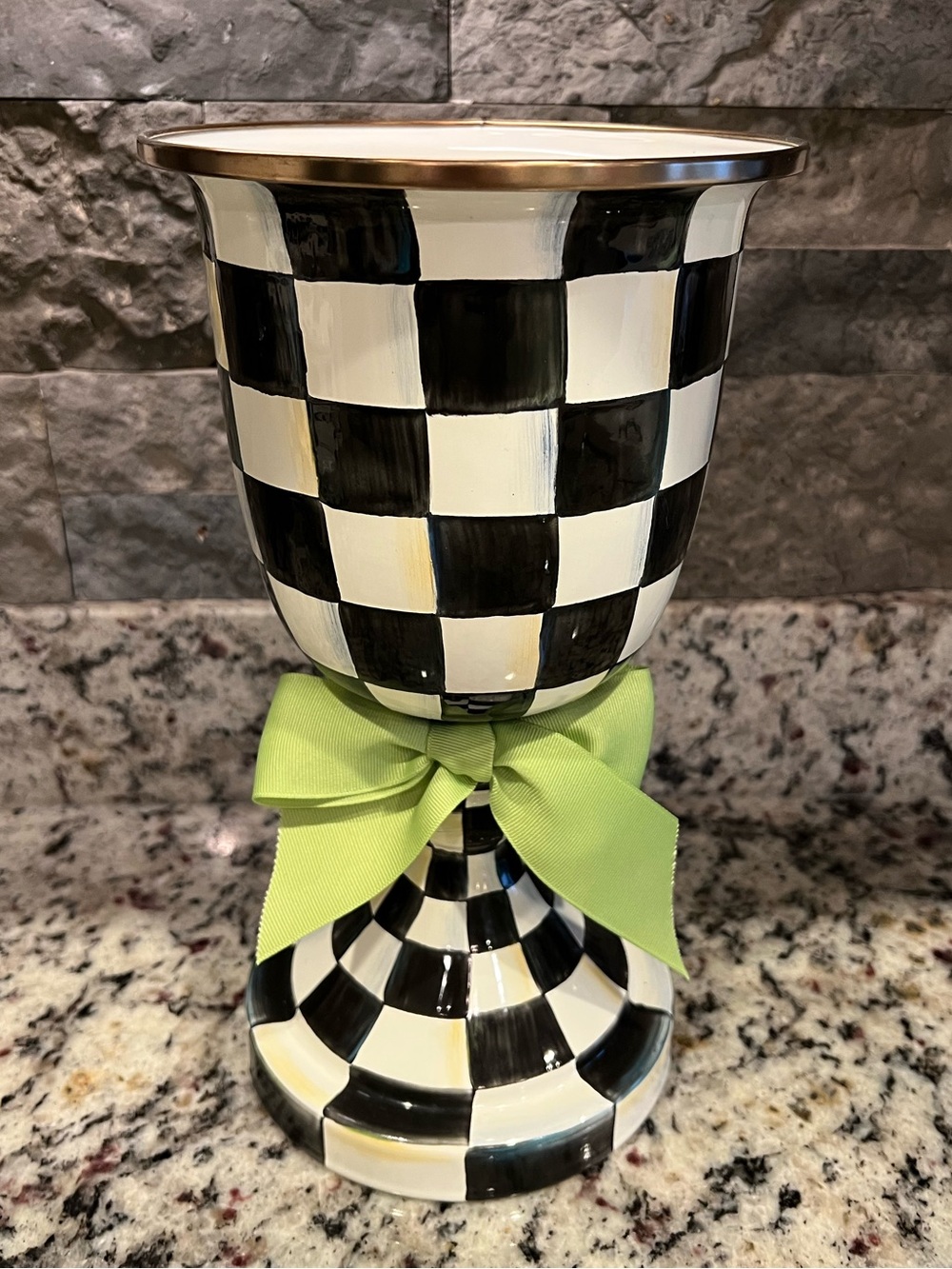 Mackenzie-Childs Courtly Check Enamel Pedestal Vase with Lime Green Bow. EUC.
